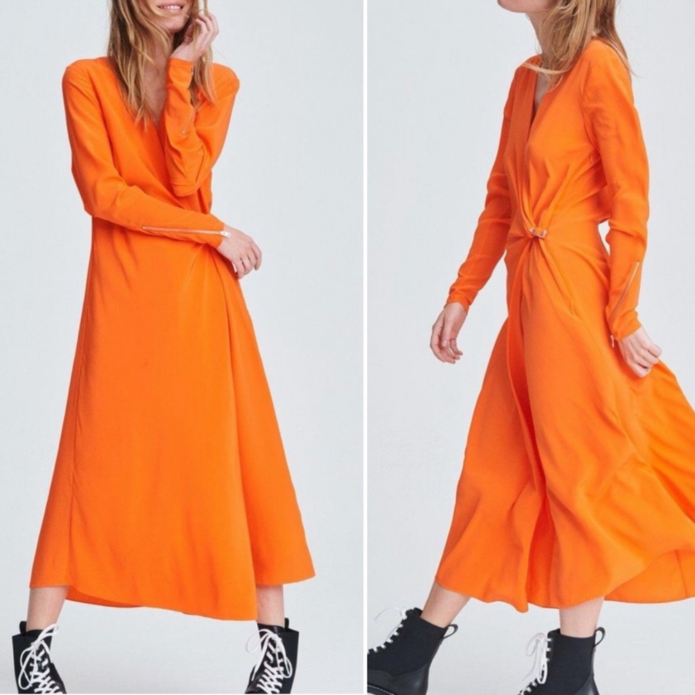 Rag & Bone Odette Side Drape Silk Orange Drape Effect Midi Dress BlairEadieBee S